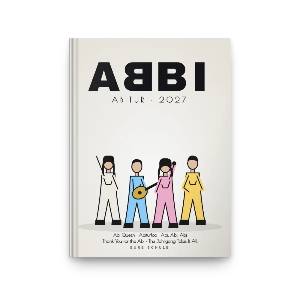 Abibuch-Cover „ABBI“: 70er-Albumcover: vier Band-Figuren, ABBI mit gespiegeltem B