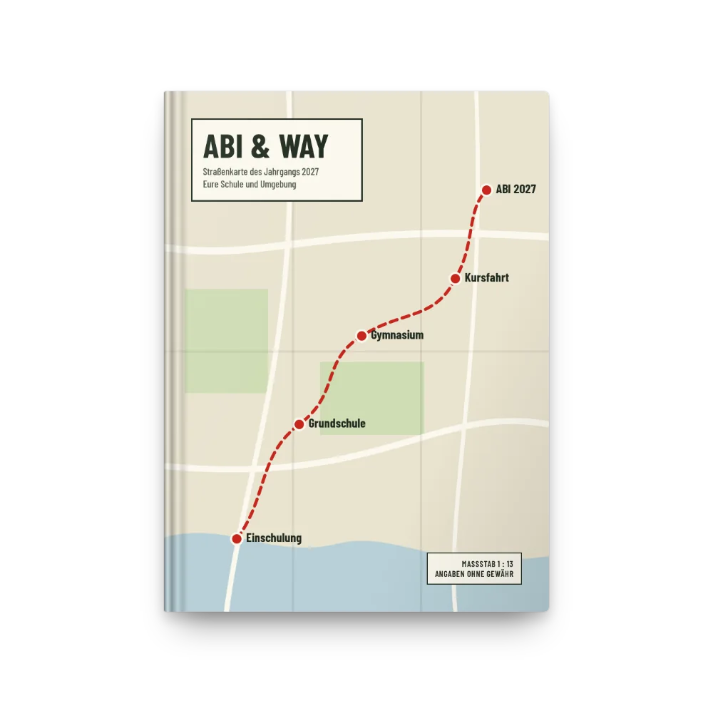 Abibuch-Cover „ABI & WAY“: Straßenkarte von der Einschulung zum Abi