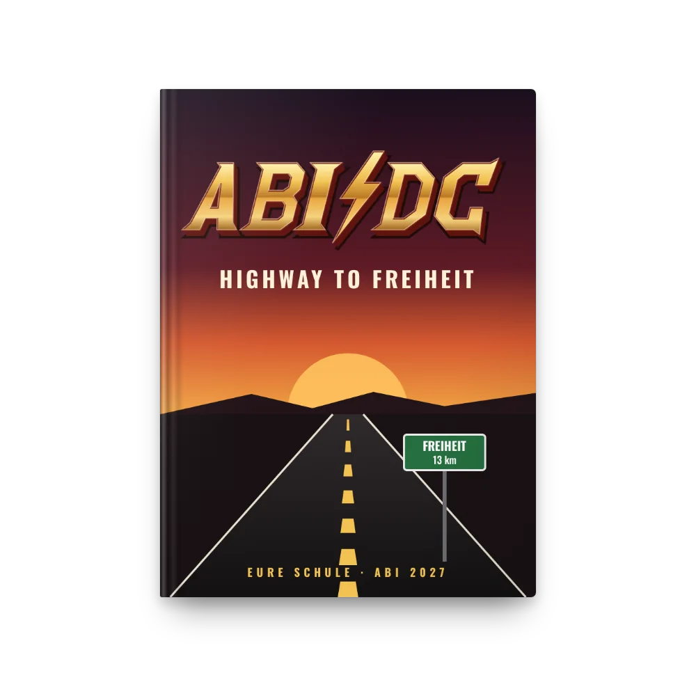 Abibuch-Cover „ABI DC“: Highway to Freiheit im Sonnenuntergang