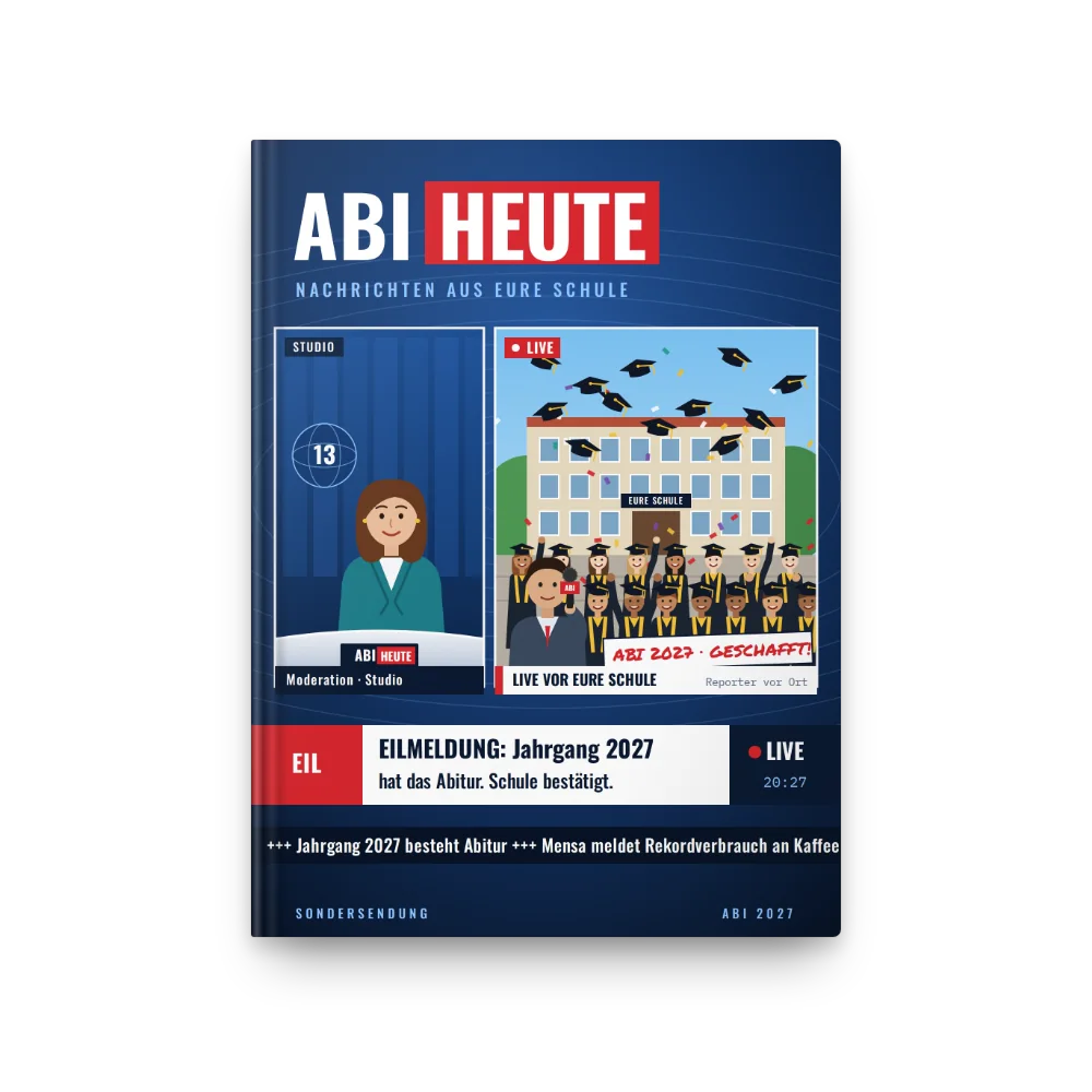 Abibuch-Cover „ABI heute“: Nachrichten-Schalte: Studio schaltet live zum Gruppenfoto vor der Schule