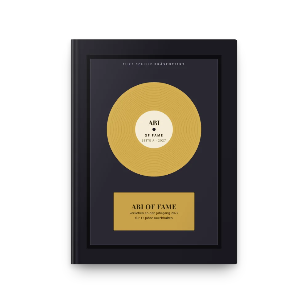 Abibuch-Cover „ABI of Fame“: Goldene Schallplatte mit Plakette