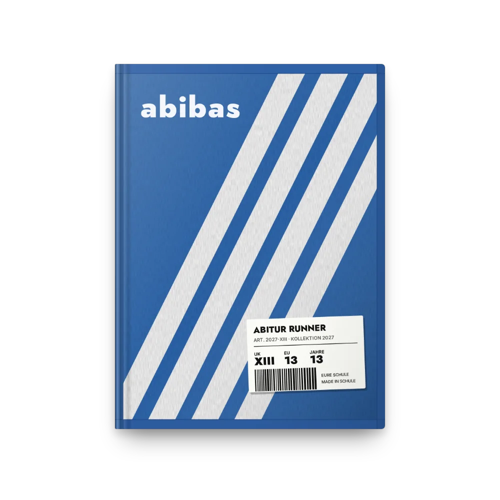 Abibuch-Cover „Abibas“: Das ganze Buch als blauer Sneakerkarton mit vier Streifen und abibas-Schriftzug