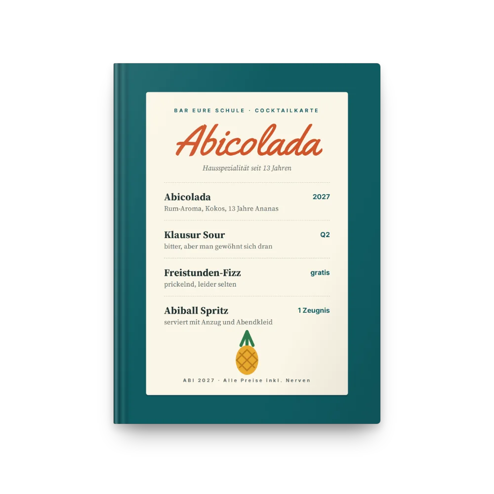 Abibuch-Cover „Abicolada“: Cocktailkarte der Bar Eure Schule
