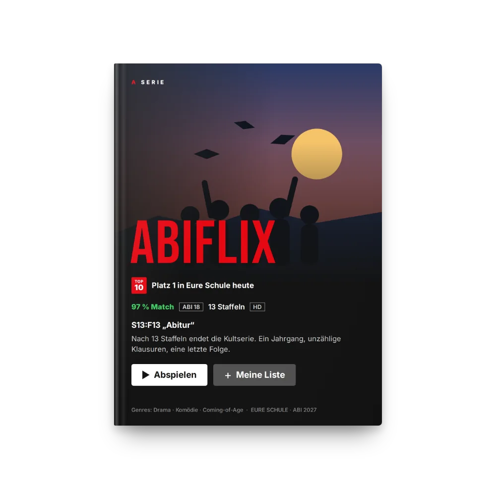 Abibuch-Cover „Abiflix“: Titelseite der Serie: Top 10, 97 % Match, Abspielen