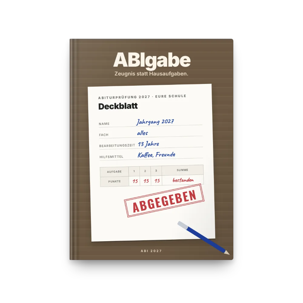 Abibuch-Cover „ABIgabe“: Deckblatt der Abiprüfung mit Stempel ABGEGEBEN