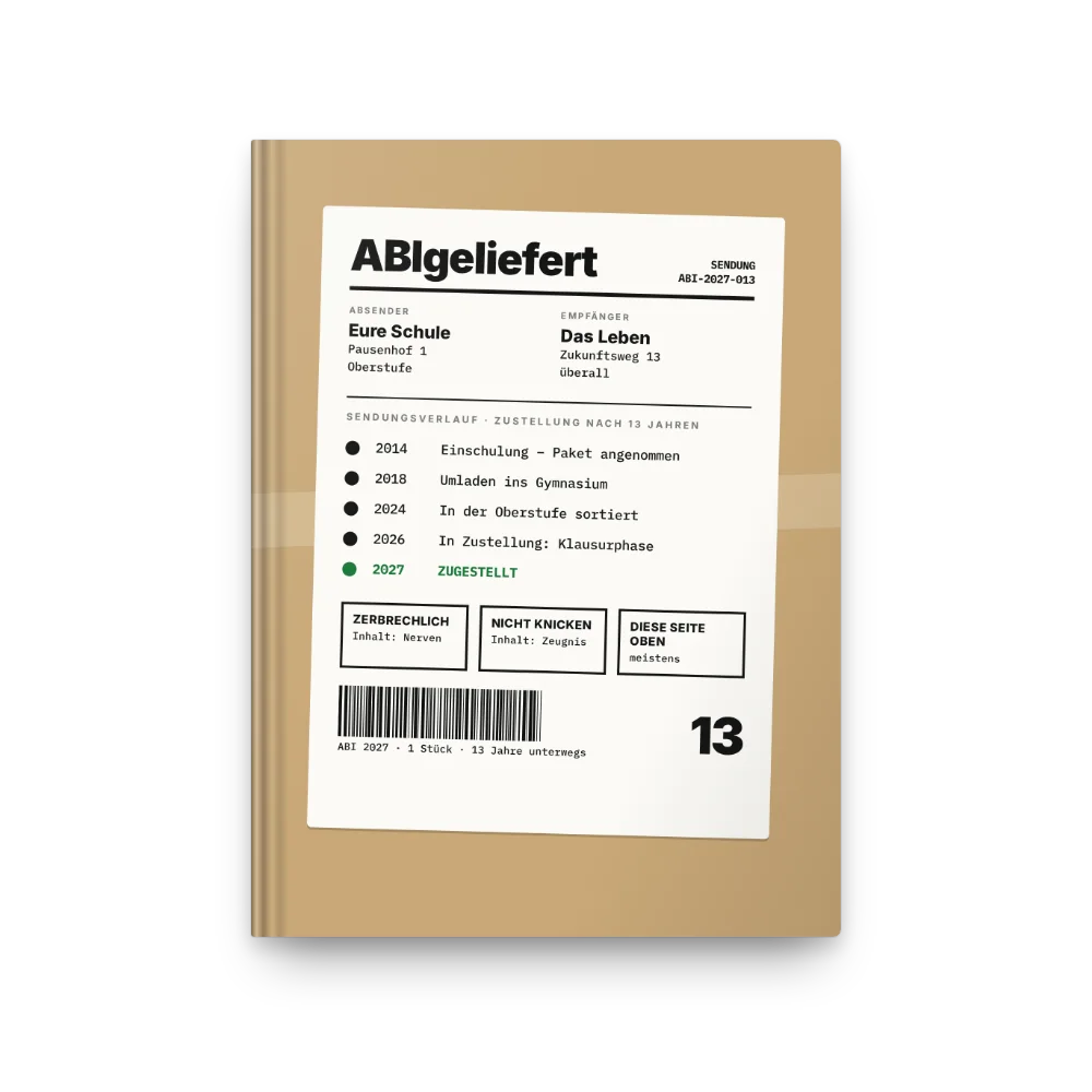 Abibuch-Cover „ABIgeliefert“: Versandetikett mit Sendungsverlauf
