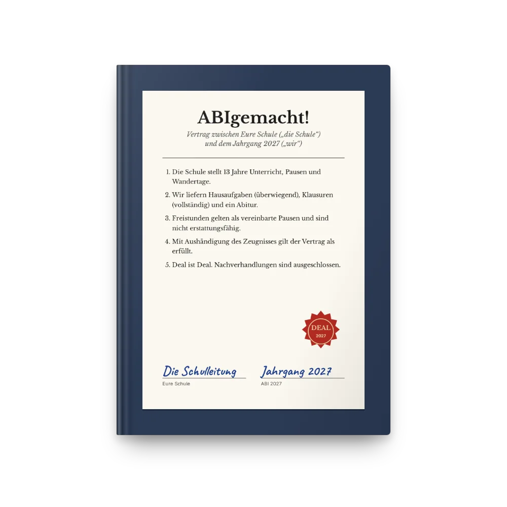Abibuch-Cover „ABIgemacht!“: Vertrag zwischen Schule und Jahrgang