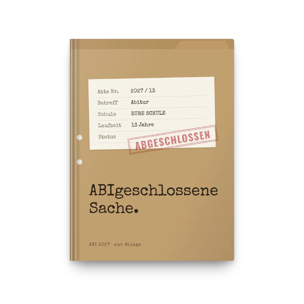 Abibuch-Cover „ABIgeschlossene Sache“: Aktendeckel mit Stempel ABGESCHLOSSEN