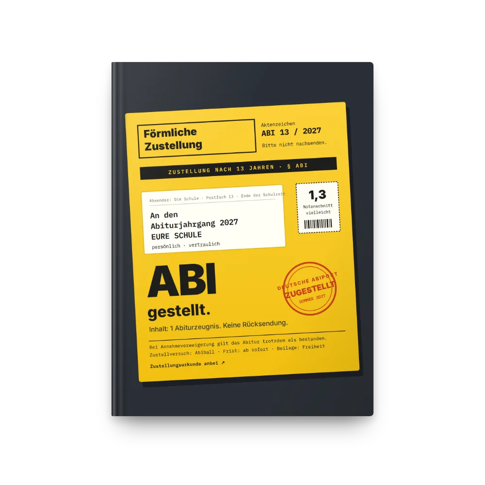Abibuch-Cover „ABIgestellt“: Gelber Umschlag: Förmliche Zustellung, Stempel ZUGESTELLT