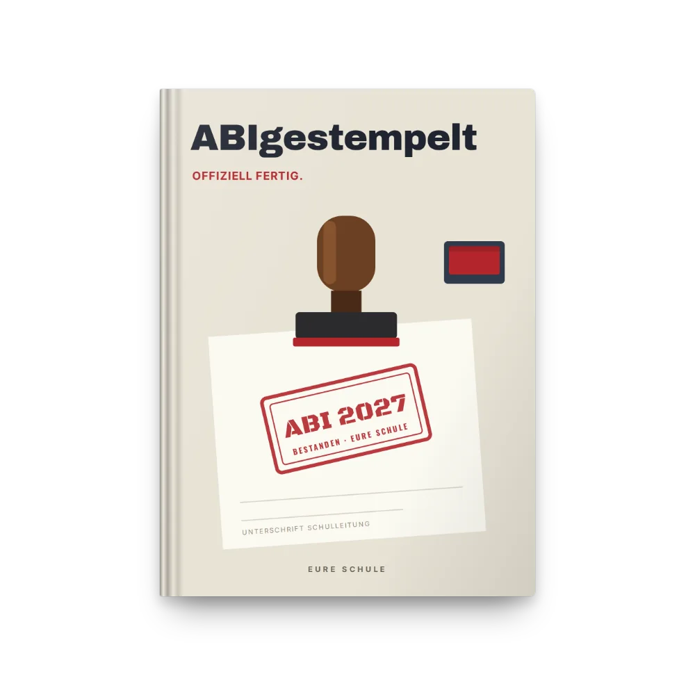 Abibuch-Cover „ABIgestempelt“: Stempel über dem Papier, Abdruck ABI 2027
