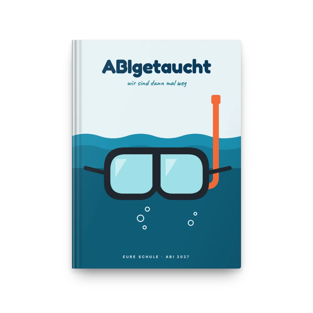 Abibuch-Cover „ABIgetaucht“: Taucherbrille mit Schnorchel an der Wasserlinie