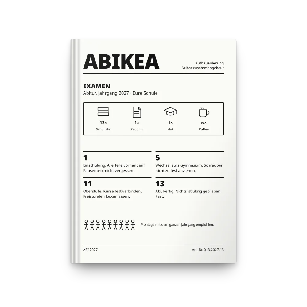 Abibuch-Cover „ABIKEA“: Aufbauanleitung mit Teileliste