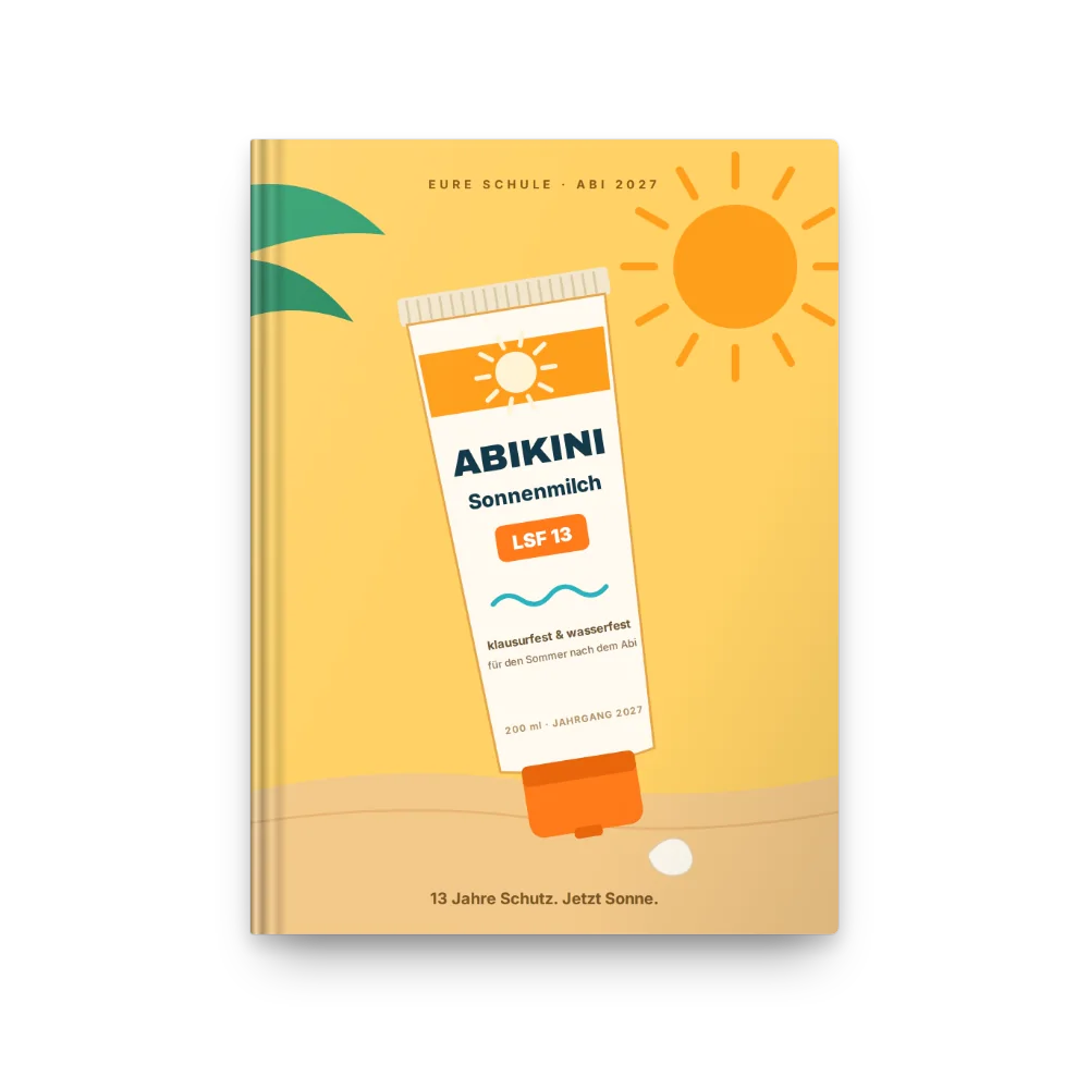 Abibuch-Cover „Abikini“: Sonnenmilch-Tube LSF 13 im Sand