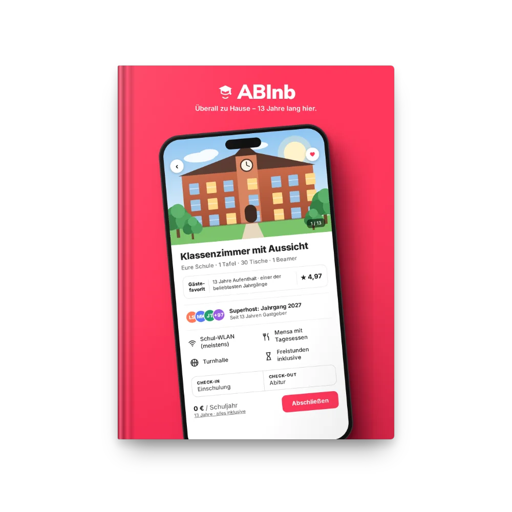 Abibuch-Cover „ABInb“: App-Listing: Klassenzimmer mit Aussicht, Superhost Jahrgang 2027