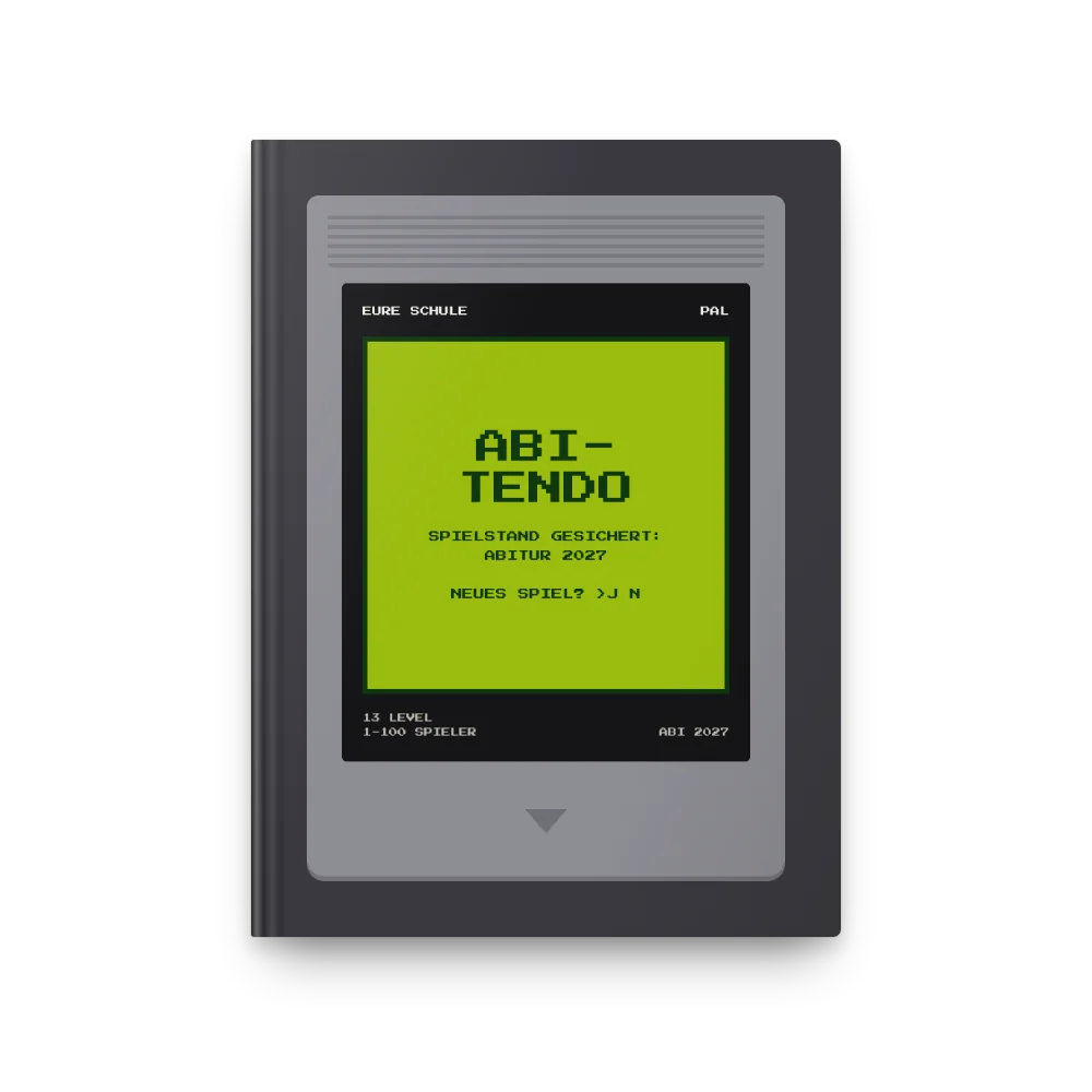 Abibuch-Cover „Abitendo“: Retro-Spielmodul mit Pixel-Bildschirm