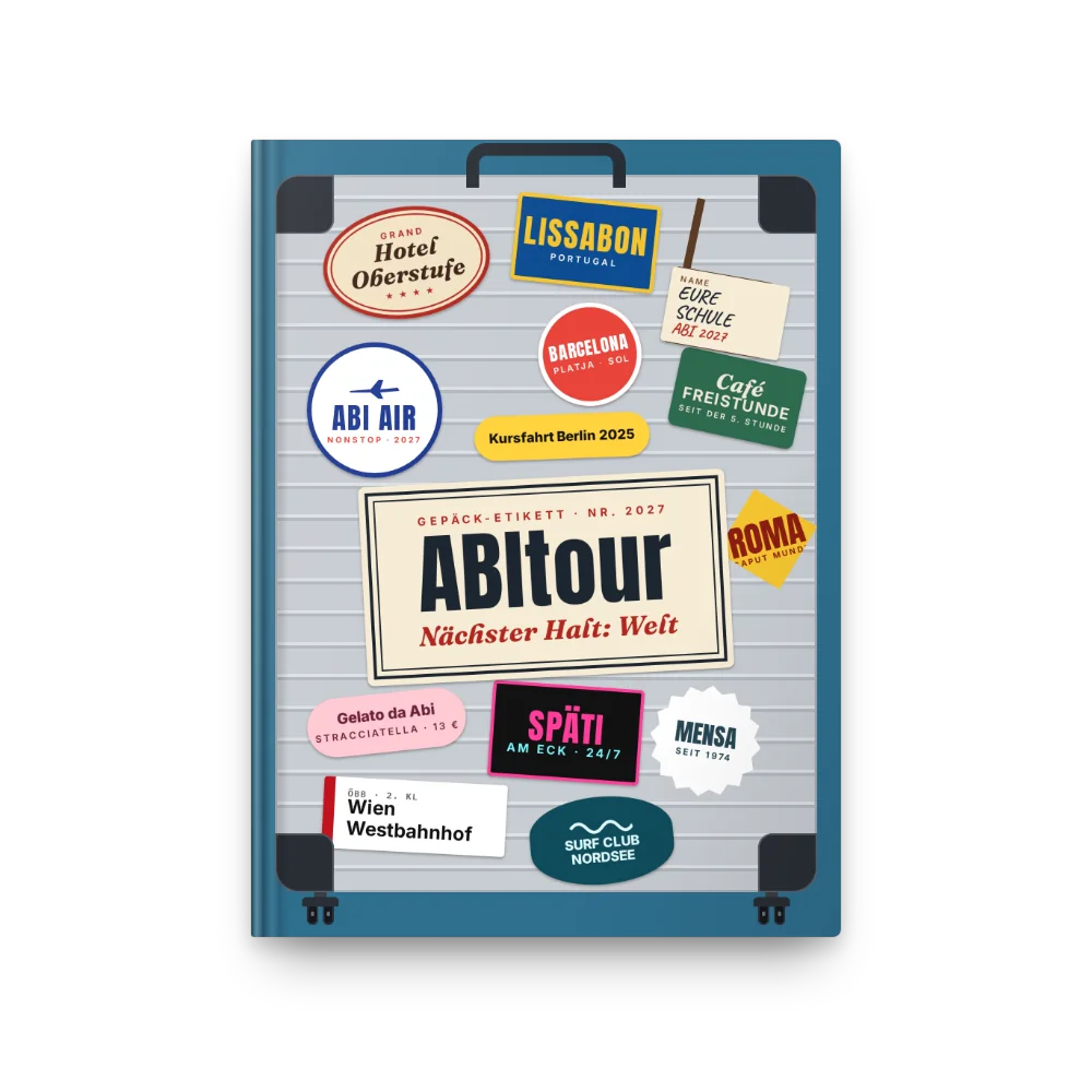 Abibuch-Cover „ABItour“: Alu-Koffer mit Rollen voller Reise-Sticker