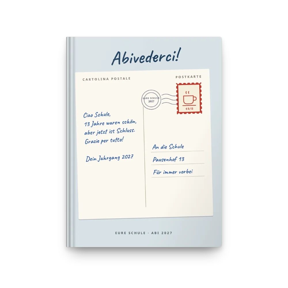 Abibuch-Cover „Abivederci“: Postkarte mit Espresso-Briefmarke