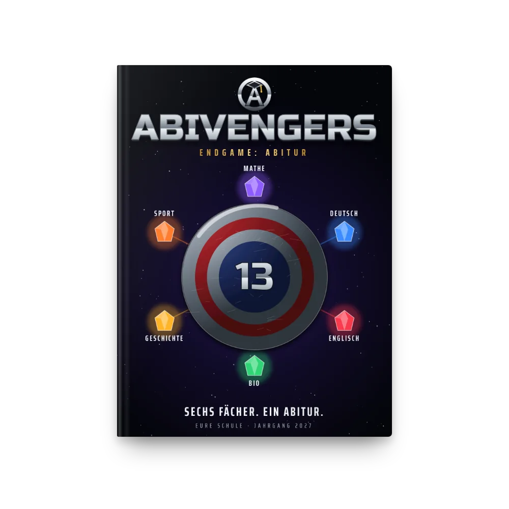Abibuch-Cover „Abivengers“: Schild 13 mit sechs Fach-Steinen: Sechs Fächer. Ein Abitur.