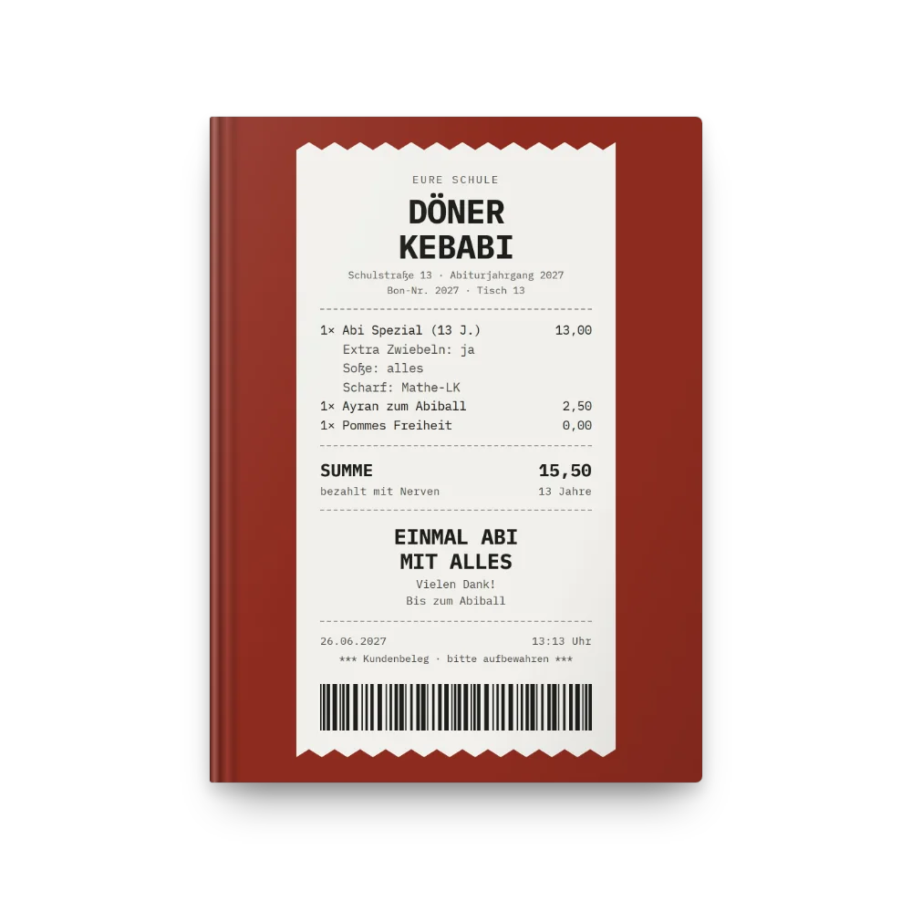 Abibuch-Cover „Döner KebABI“: Kassenbon: Soße alles, scharf Mathe-LK