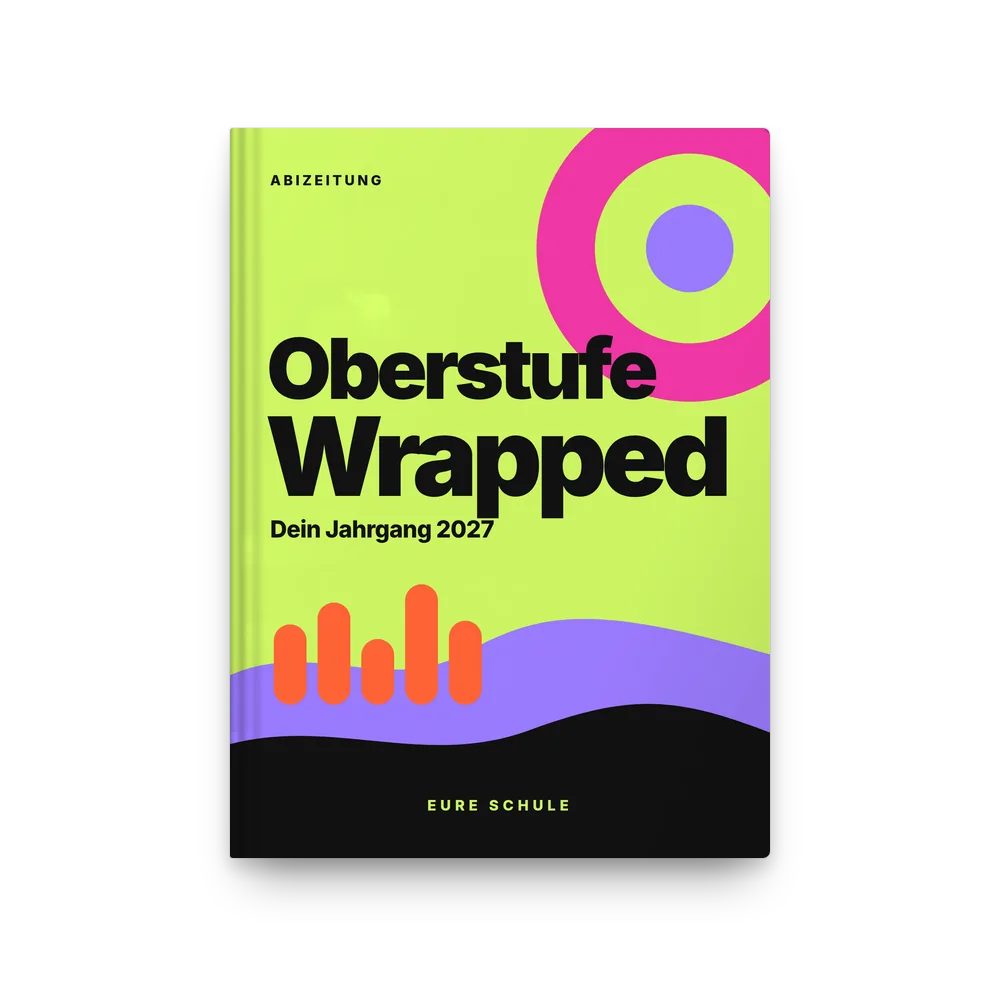Abibuch-Cover „Oberstufe Wrapped“: Rückblick-Titelkarte: Neongrün, Farbringe, Equalizer-Balken