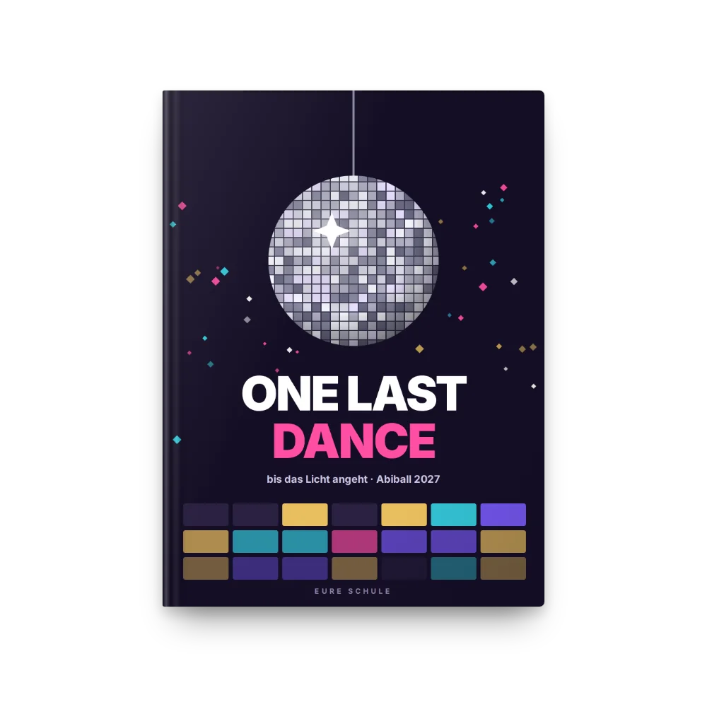Abibuch-Cover „One Last Dance“: Discokugel über leuchtender Tanzfläche