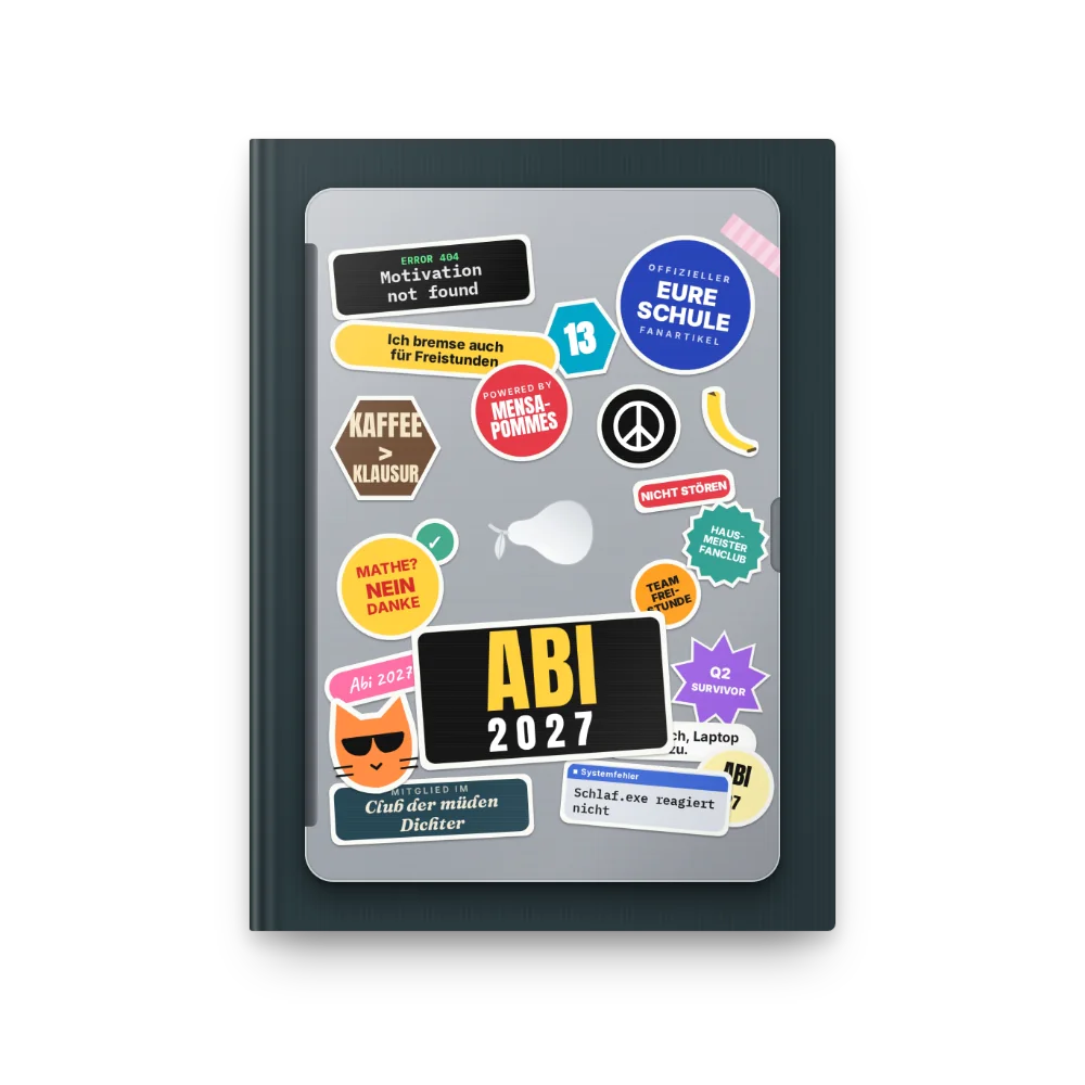 Abibuch-Cover „Sticker-Laptop“: Laptopdeckel voller schräger Sticker