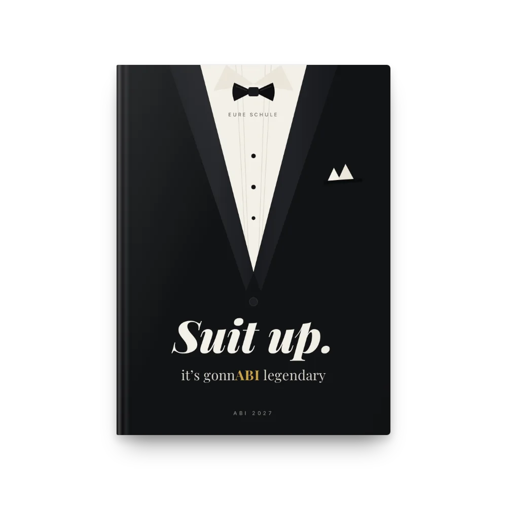 Abibuch-Cover „Suit up“: Smoking mit Fliege und Einstecktuch