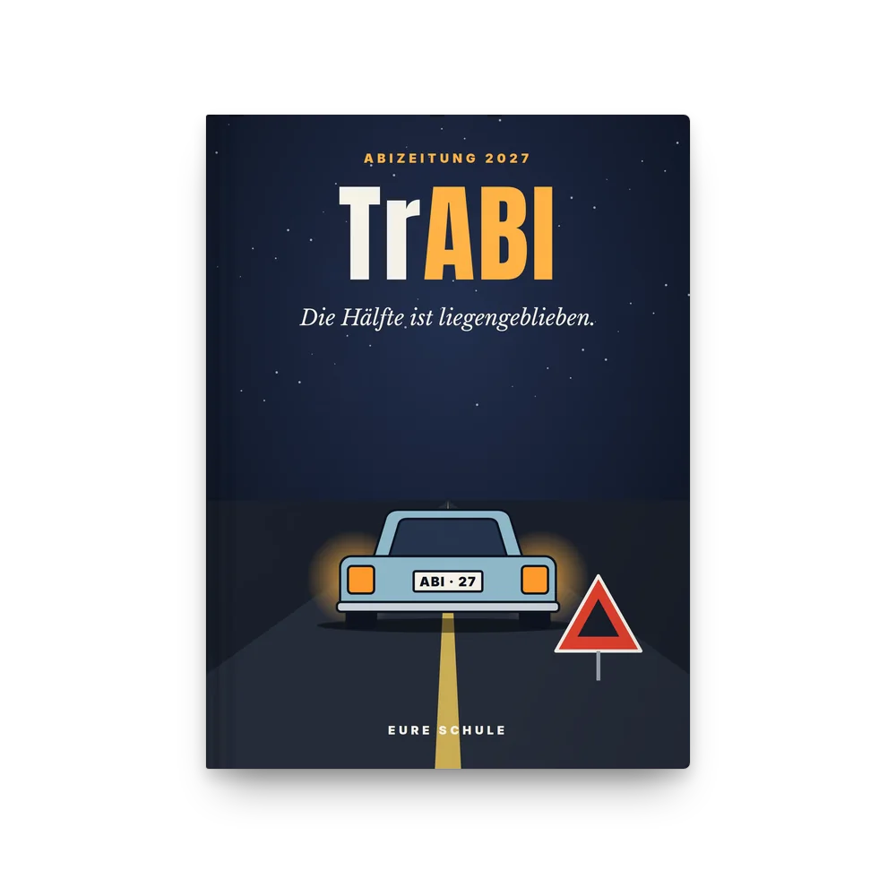 Abibuch-Cover „TrABI“: Nachts liegengeblieben: Trabi von hinten mit Warnblinker, Kennzeichen ABI · 27, Warndreieck