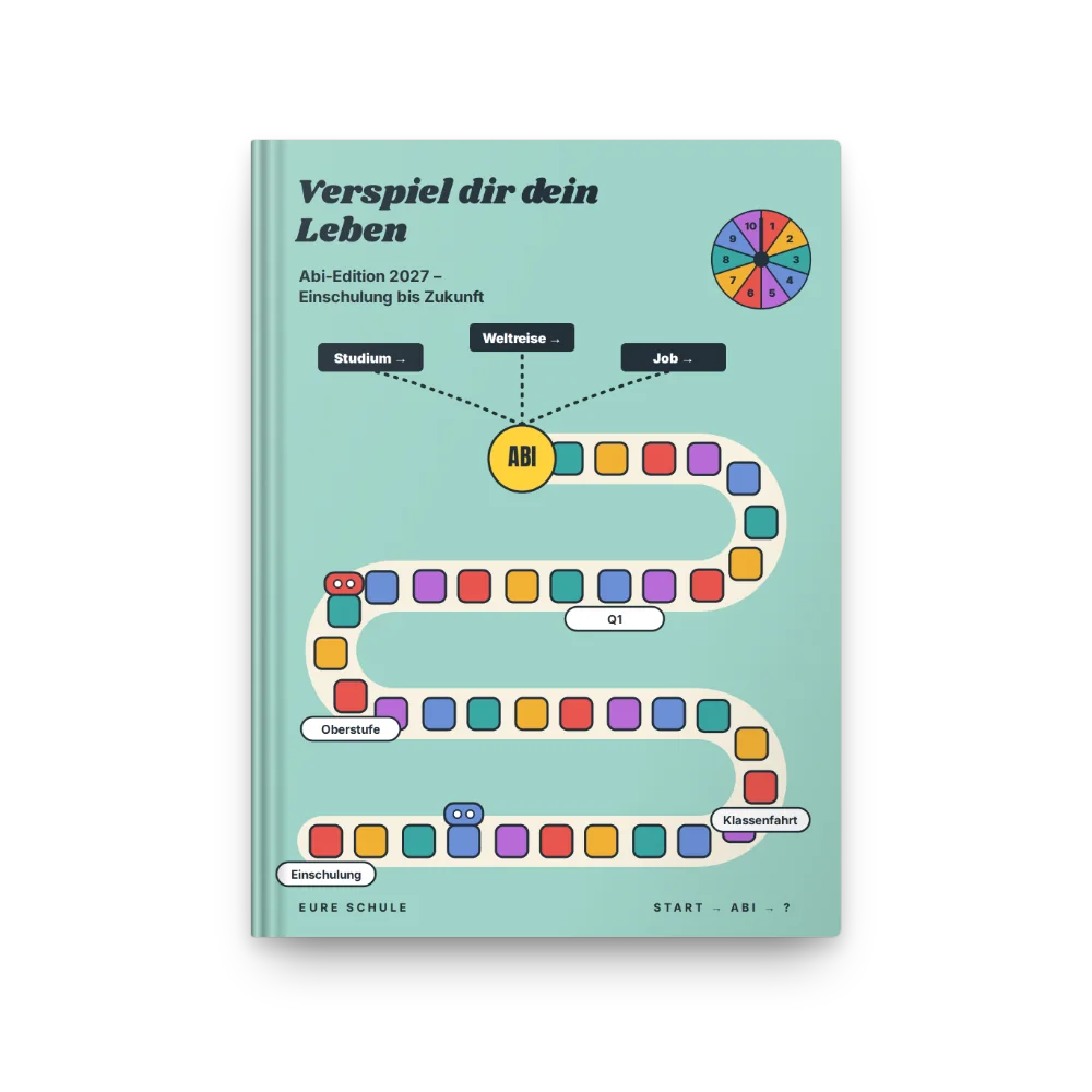 Abibuch-Cover „Verspiel dir dein Leben“: Spielbrett mit Weg durch die Schulzeit und Glücksrad