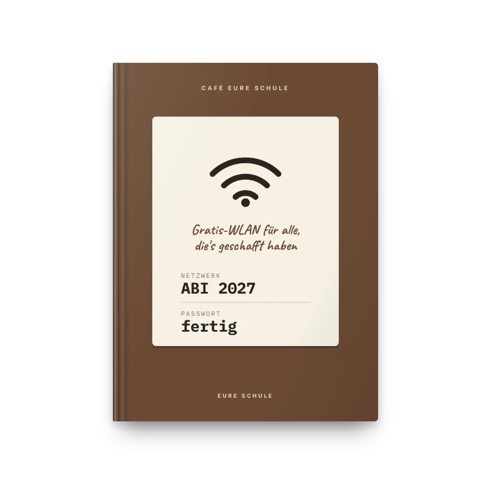 Abibuch-Cover „WLAN: ABI 2027“: WLAN-Aufsteller im Café