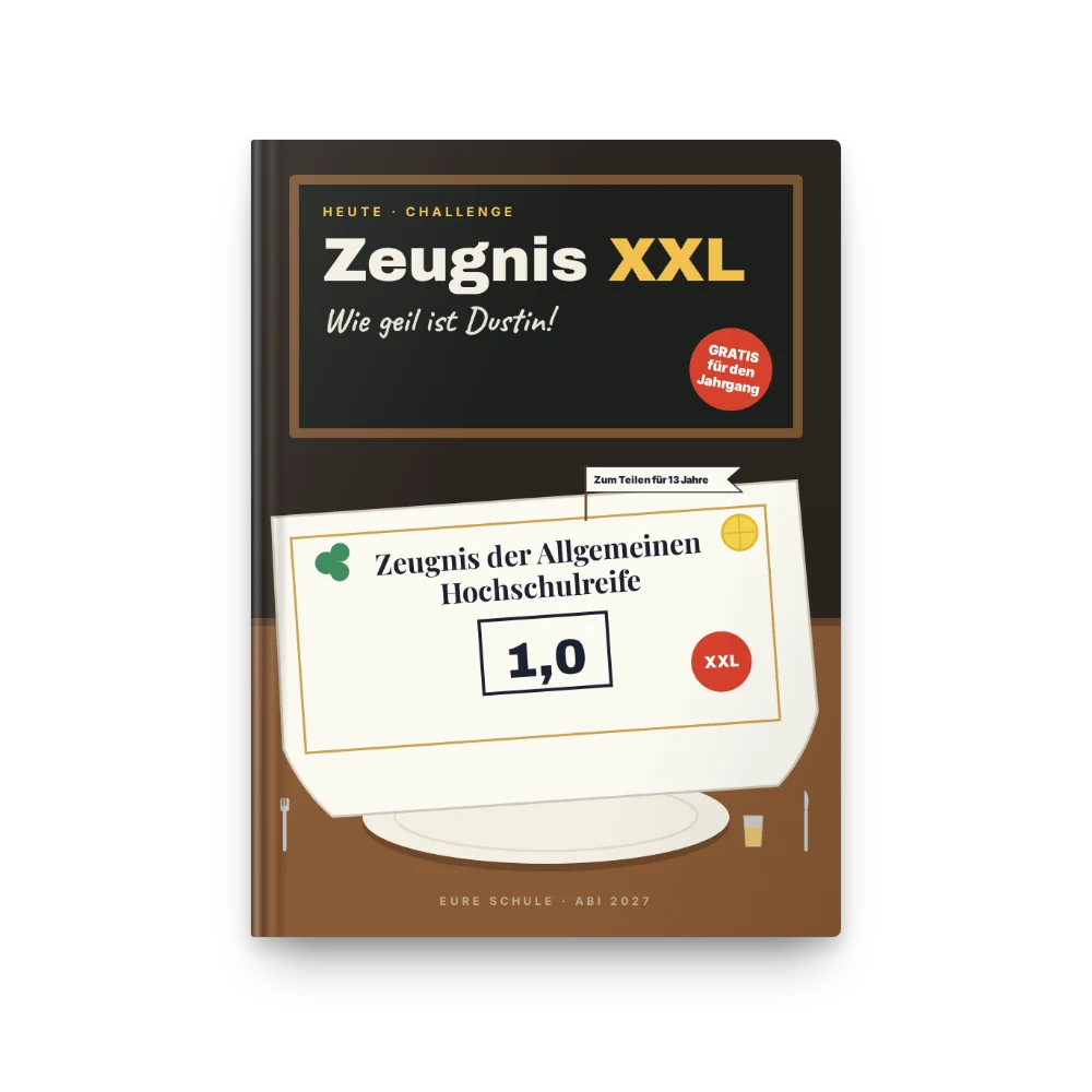 Abibuch-Cover „Zeugnis XXL“: XXL-Challenge an der Kreidetafel, Zeugnis auf dem Riesenteller