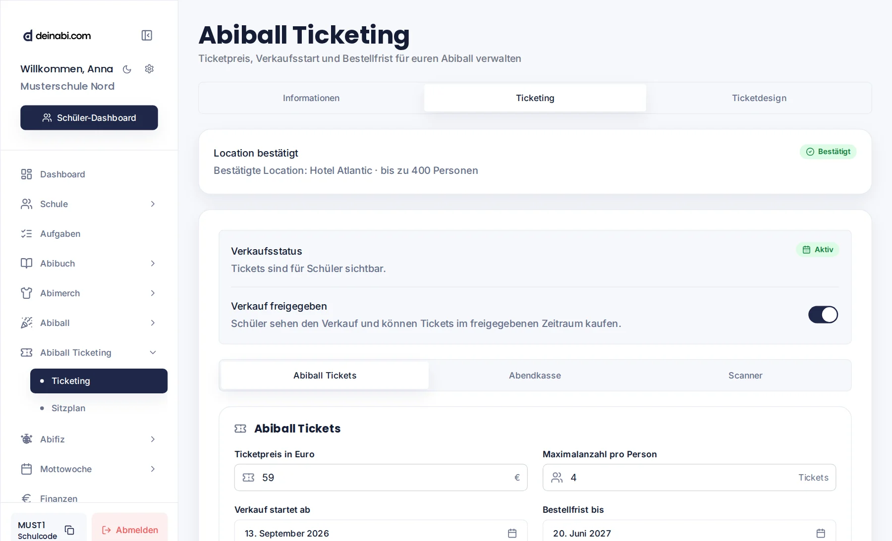 Abiball-Ticketing im Admin-Dashboard von deinabi.com mit Beispieldaten: Location bestätigt, Verkauf freigegeben, Ticketpreis 59 €, Verkaufszeitraum