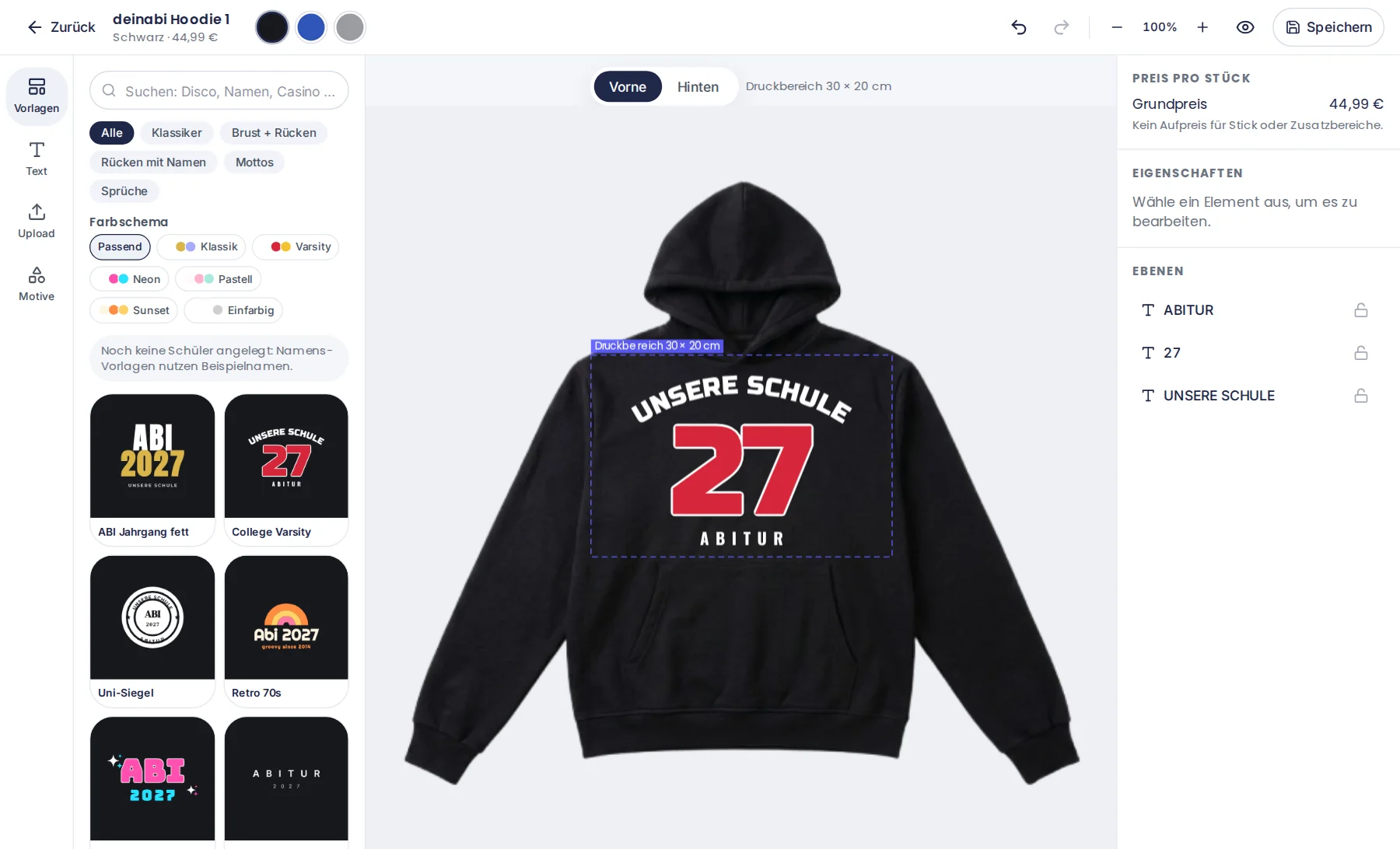 Merch-Designer von deinabi.com: schwarzer Hoodie mit College-Varsity-Design „Unsere Schule 27 Abitur“, links Vorlagen, rechts Ebenen